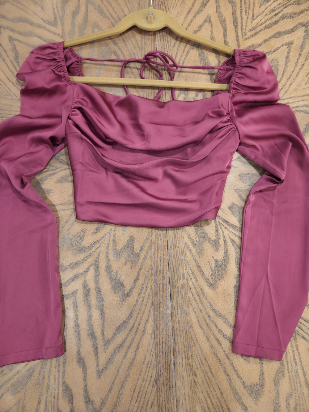 MORE TO COME Kaela Open Back Top Fuchsia Satin Cowl Neck Long Sleeve Crop XS